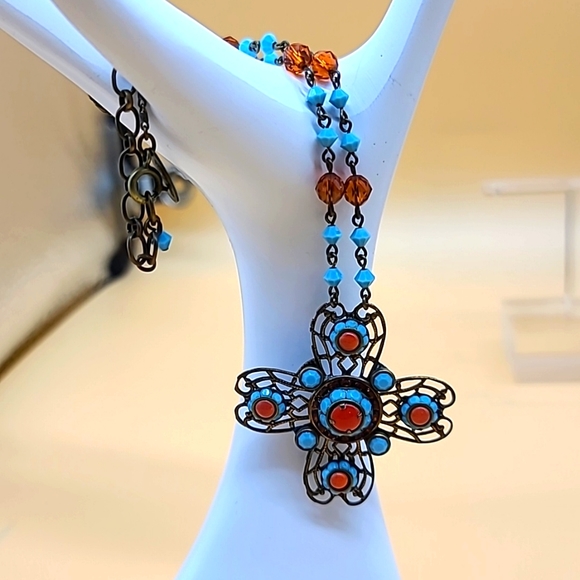 Liz Palacios SF Turquoise & Coral Swarovski Crystal & Bead Pendant 🌼 - Picture 3 of 10